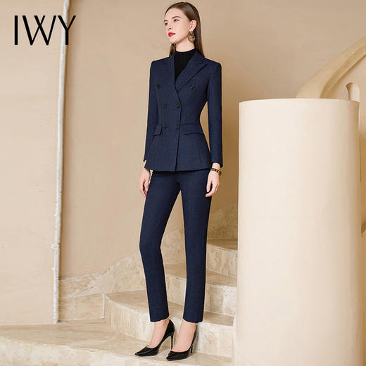 IWY/藏蓝色人字纹西装外套女秋冬羊毛加厚西服休闲商务职业套装 CP1154-ZL 商品图3