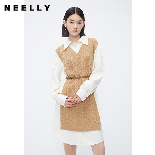 NEELLY纳俪商场同款冬季假两件连衣裙女时尚衬衫领羊毛显瘦中长裙N23112Y01174 商品图0
