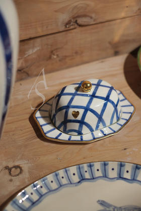 Gunia 粉绿格纹/蓝金格纹手绘陶瓷黄油盘