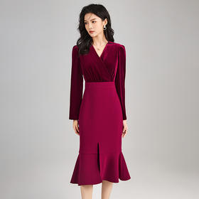 收腰显瘦，高品质V领法式丝绒连衣裙女装气质礼服裙WLZD-22325112