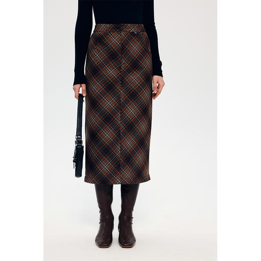 HeyDress复古直筒半身裙女秋冬法式高腰格纹开叉设计棕色气质半裙 商品图1