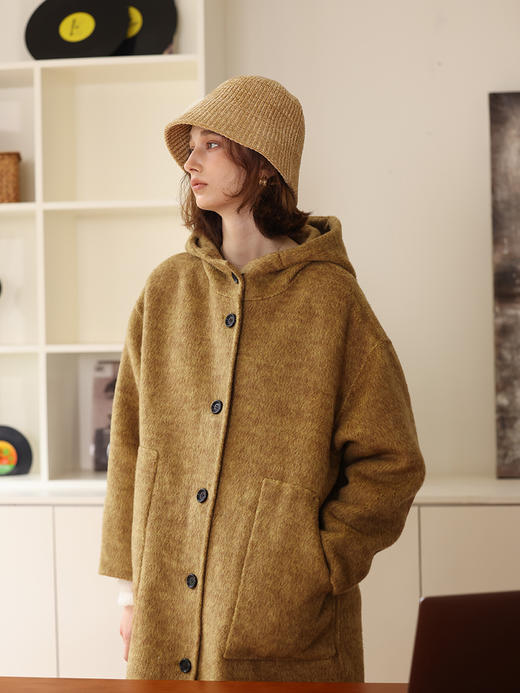 HeyDress连帽毛呢外套女秋冬宽松休闲羊毛长大衣骆驼绒气质双面呢 商品图0