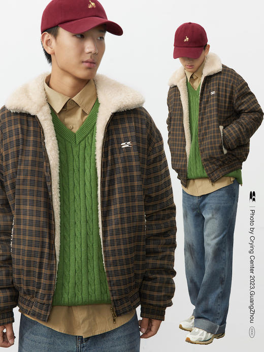 CryingCenter 复古黑棕格子毛毛夹克拉链短外套超暖毛里 哭喊中心 商品图2