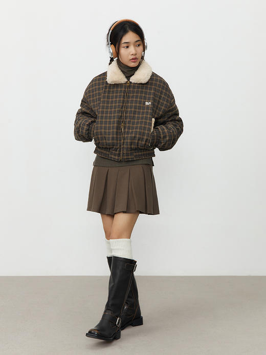 CryingCenter 复古黑棕格子毛毛夹克拉链短外套超暖毛里 哭喊中心 商品图1
