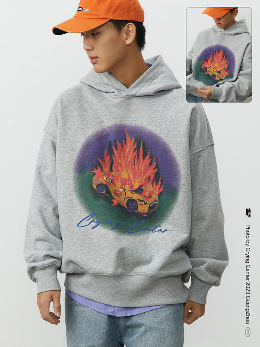 CryingCenter汽车着火了手绘印花花灰色连帽卫衣休闲百搭哭喊中心 商品图2