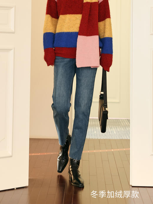 HeyDress德绒牛仔裤女秋冬高腰修身显瘦毛边设计法棍裤保暖九分裤 商品图0