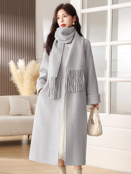 时尚拼接设计感，圆领双面羊毛呢外套大衣（配围巾）HR-WH6519 商品图3