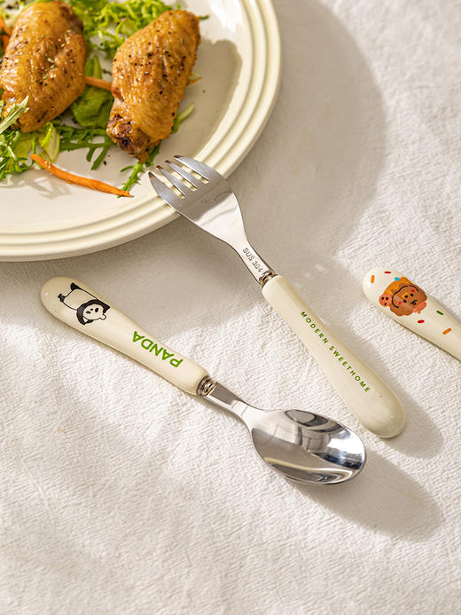 摩登主妇mototo熊猫可爱不锈钢叉勺套装创意儿童陶瓷叉子勺子餐具 商品图1