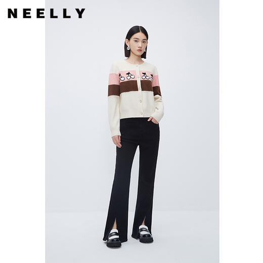 NEELLY纳俪商场同款黑色显瘦直筒牛仔裤女冬新款时尚开叉百搭长裤N23112H01180 商品图1