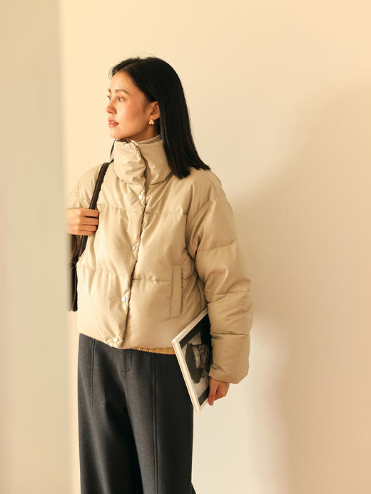 HeyDress皮羽绒服女冬季宽松立领90白鸭绒PU上衣保暖短款时尚外套 商品图0