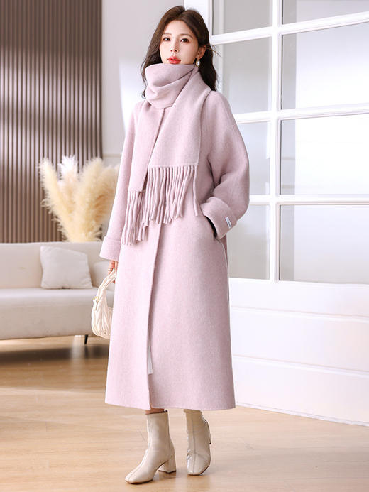 时尚拼接设计感，圆领双面羊毛呢外套大衣（配围巾）HR-WH6519 商品图4
