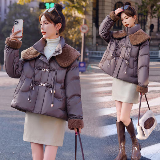 冬季新款，90白鸭绒羊羔毛拼接金属盘扣美拉德风羽绒服HR-YJLY8079 商品图3
