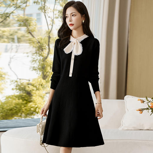 时尚打底，安迪绒蝴蝶结领口配饰时装A字裙摆连衣裙HR-MLJL2102 商品图2