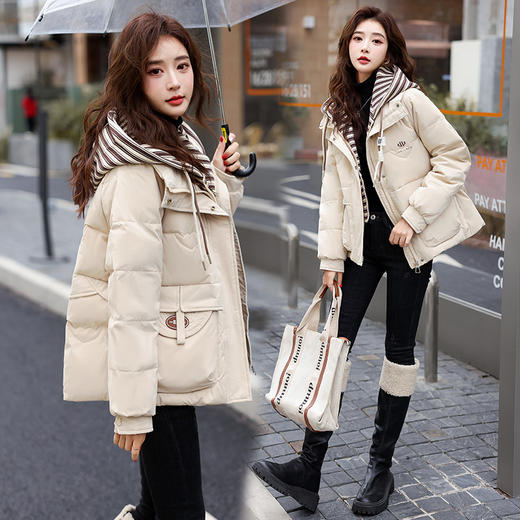 冬装新款，时尚洋气小个子白鸭绒羽绒服女假两件条纹加厚外套HR-MUQQ9919 商品图1