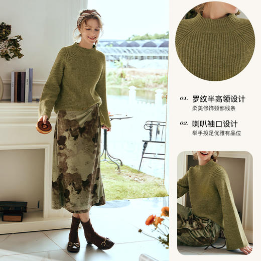 OLrain欧芮儿橄榄绿毛衣女秋冬2023年新款喇叭袖针织保暖套头衫 商品图2