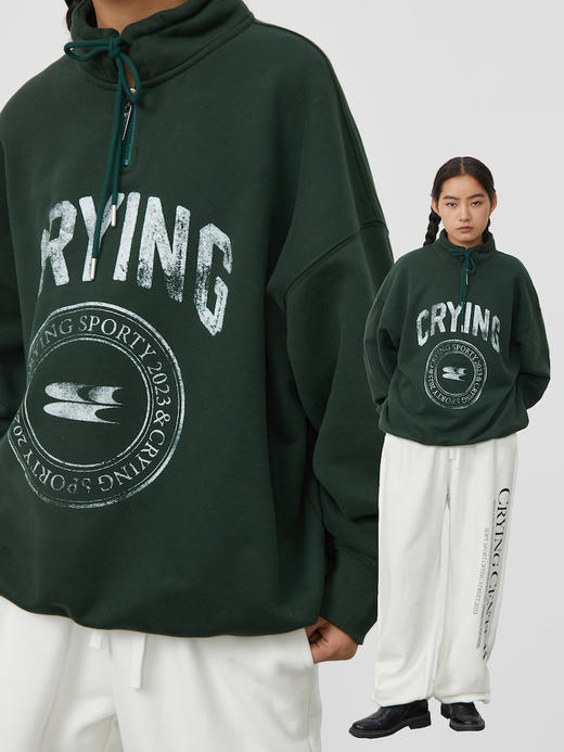 CryingCenter  复古图章高领抽绳款卫衣棕色墨绿色加绒休闲情侣 商品图3