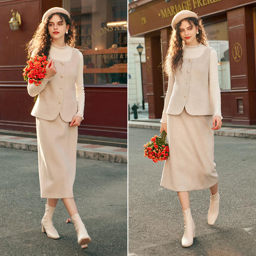 OLrain欧芮儿燕麦色时尚套装女秋冬2023年新款别致马甲半裙两件套 商品图3