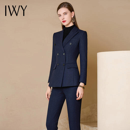 IWY/藏蓝色人字纹西装外套女秋冬羊毛加厚西服休闲商务职业套装 CP1154-ZL 商品图2