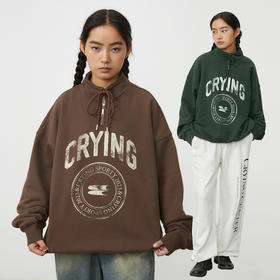 CryingCenter  复古图章高领抽绳款卫衣棕色墨绿色加绒休闲情侣