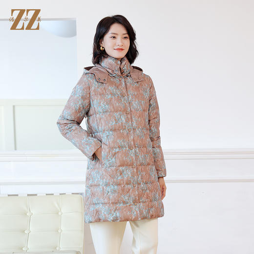 佐尔美冬季新款 时尚双面穿花色中长款可拆帽领羽绒服女E24YY03 商品图1