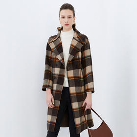 EITIE爱特爱冬季新款时尚复古格纹翻领百搭修身毛呢大衣外套7614333