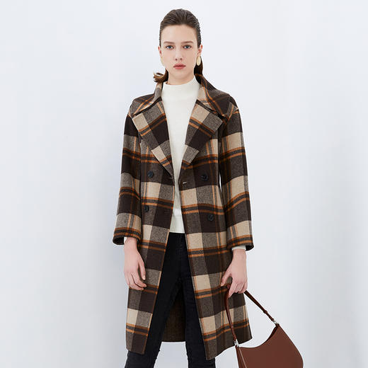 EITIE爱特爱冬季新款时尚复古格纹翻领百搭修身毛呢大衣外套7614333 商品图0