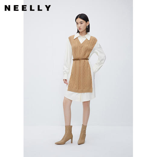NEELLY纳俪商场同款冬季假两件连衣裙女时尚衬衫领羊毛显瘦中长裙N23112Y01174 商品图1