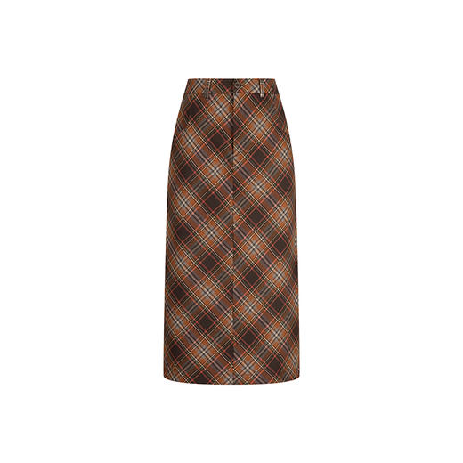 HeyDress复古直筒半身裙女秋冬法式高腰格纹开叉设计棕色气质半裙 商品图4