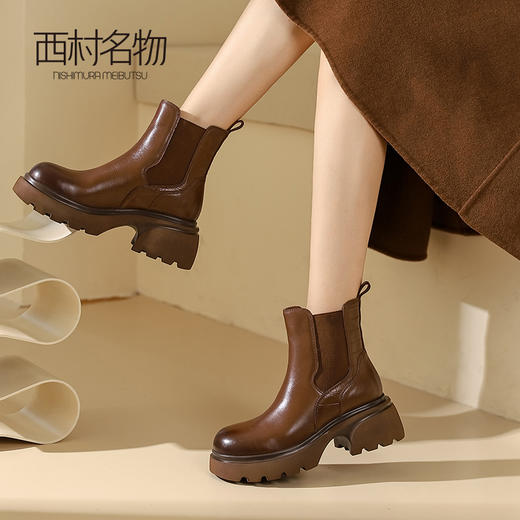 西村名物2023秋冬季新款厚底真皮英伦风时尚短靴烟管靴子T23DS46031 商品图2
