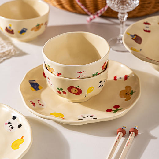 摩登主妇动物派对餐具可爱陶瓷米饭碗盘筷子一人食家用碗碟套装 商品图1