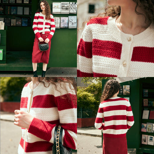 OLrain欧芮儿红色条纹毛衣女春2025新款慵懒宽松短款保暖开衫 商品图1