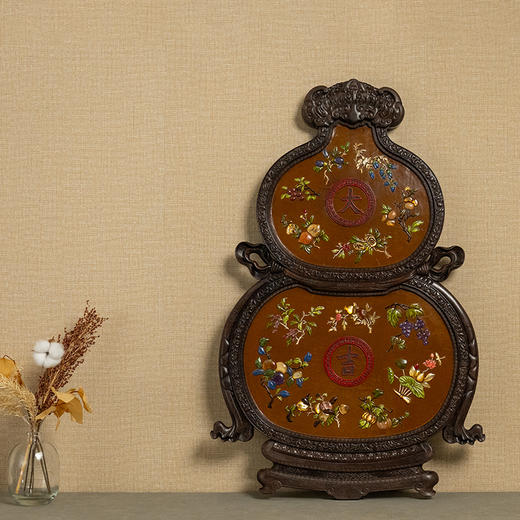 清 紫檀镶漆地百宝嵌葫芦形大吉挂屏 商品图4