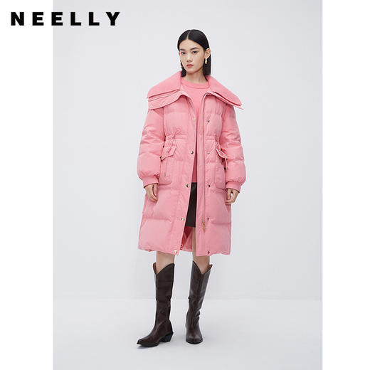 NEELLY纳俪商场同款大翻领过膝羽绒大衣女新休闲时尚粉色中长外套N23112L01169 商品图0