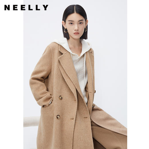 NEELLY纳俪商场同款拉绒双面呢大衣女冬驼色中长款西装领毛呢外套N23112N01165 商品图2