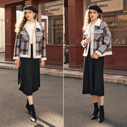 OLrain欧芮儿格子羊羔绒毛呢外套女秋冬2023新款高级短款加厚大衣 商品图3