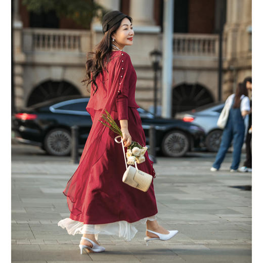 【林栖设计小店】绵羊毛混纺连衣裙绣花真丝披肩2023秋冬新品复古长裙女1934123 商品图2