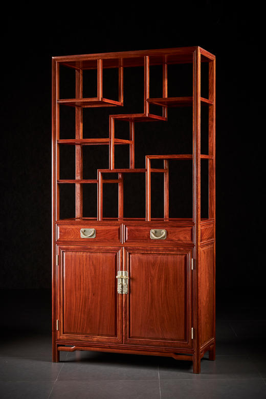 红桥红  家具严选  缅甸花梨（大果紫檀）  【196 双抽屉带柜门线条 博古架】 商品图1