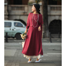 【林栖设计小店】绵羊毛混纺连衣裙绣花真丝披肩2023秋冬新品复古长裙女1934123