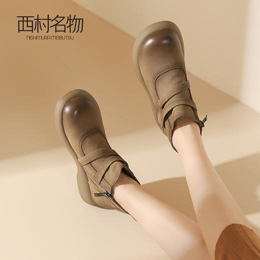 西村名物2023秋冬新款复古休闲舒适女靴牛皮平底低跟时装靴T23DS46141 商品图0