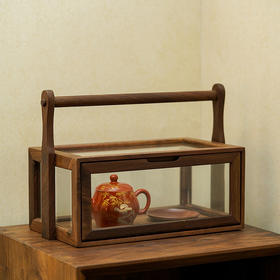 展示收纳盒 胡桃木柜茶具收纳陈列柜透明玻璃家用手提盒