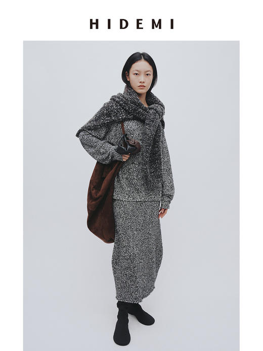 HIDEMI 美利奴羊毛芝麻花纱粗针慵懒极简圆领毛衣茧型半裙套装 商品图0