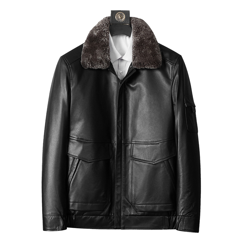 【牛皮+鹅绒内胆+可脱卸羊羔毛领】圣得西冬季中青年真皮皮衣外套2362941746
