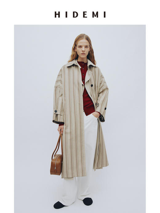 HIDEMI 极简廓形伞状色织条纹艺术感长款风衣 商品图0