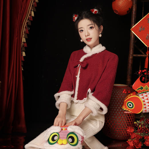 加绒羽毛纱袖口带毛旗袍，宴会拜年日常短袄马夹两件套JQZ-856 商品图1