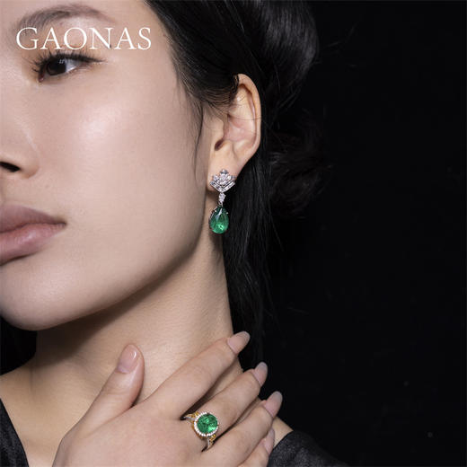 GAONAS 925银合成锆石耳饰 高纳仕 芳华岁月绿色水滴耳环10067EG 商品图2