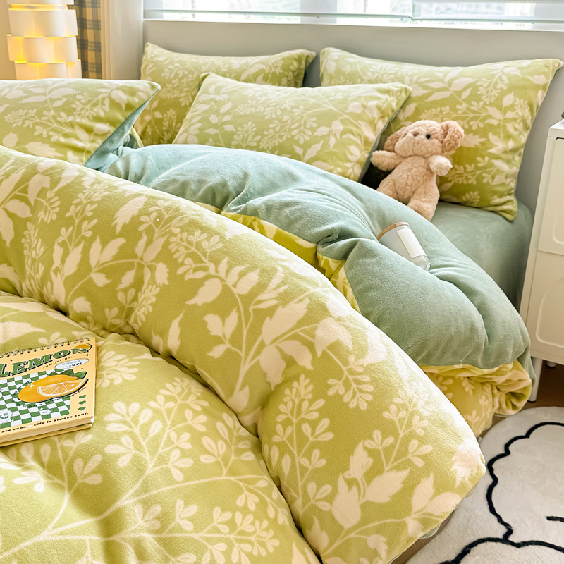 【下架】自然醒冬天加绒双面牛奶法兰绒被套单件冬季加厚珊瑚绒毛茸男被罩三件套床笠四件套JY