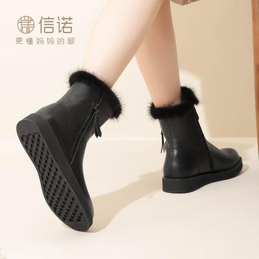 信诺真皮雪地靴女靴子短靴保暖加绒冬季2023新款防滑平底妈妈棉鞋23M280-2H 商品图3