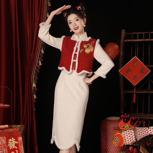 加绒羽毛纱袖口带毛旗袍，宴会拜年日常短袄马夹两件套JQZ-856 商品图4