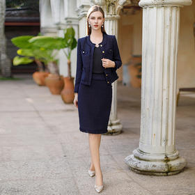 藏青色毛边小香风套裙CS1911下午