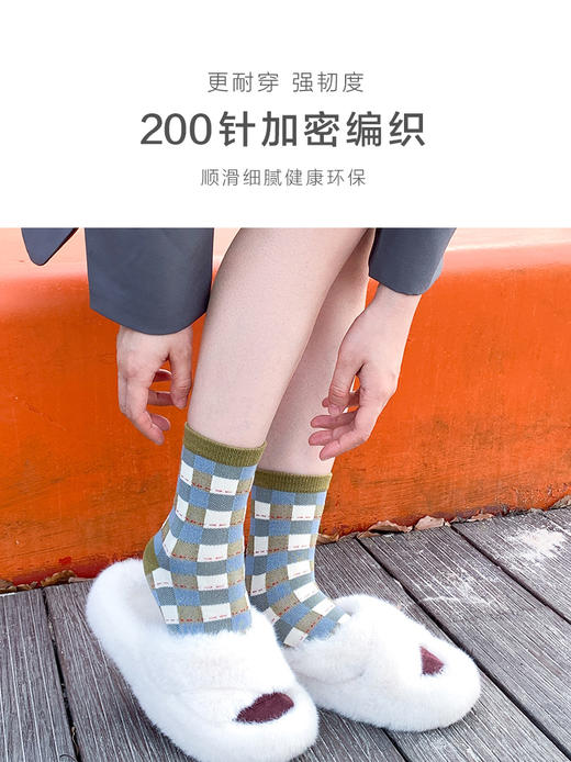 23秋冬新品女士竹棉抗菌健康环保加密编织多彩格纹文艺长邦女袜 商品图3